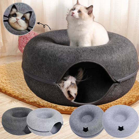 Felt Donut Cat Bed – Warm Hideaway & Interactive Tunnel for Cats