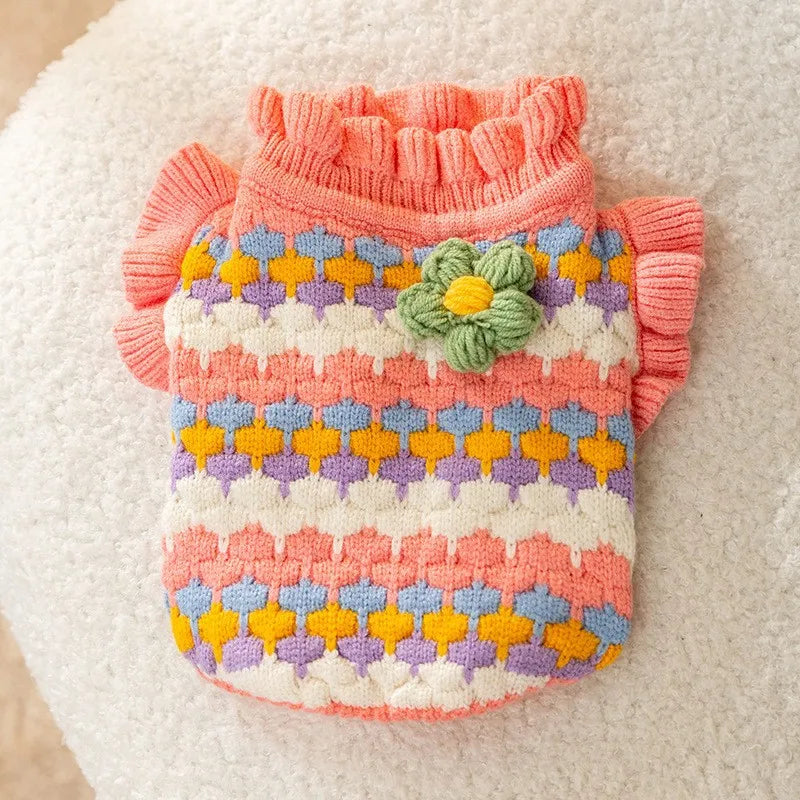 Embroidered Tulips Dog Clothes Pet Knit Sweater Poodle Pullover Puppy Warm Winter Clothes Bichon Christmas Gift