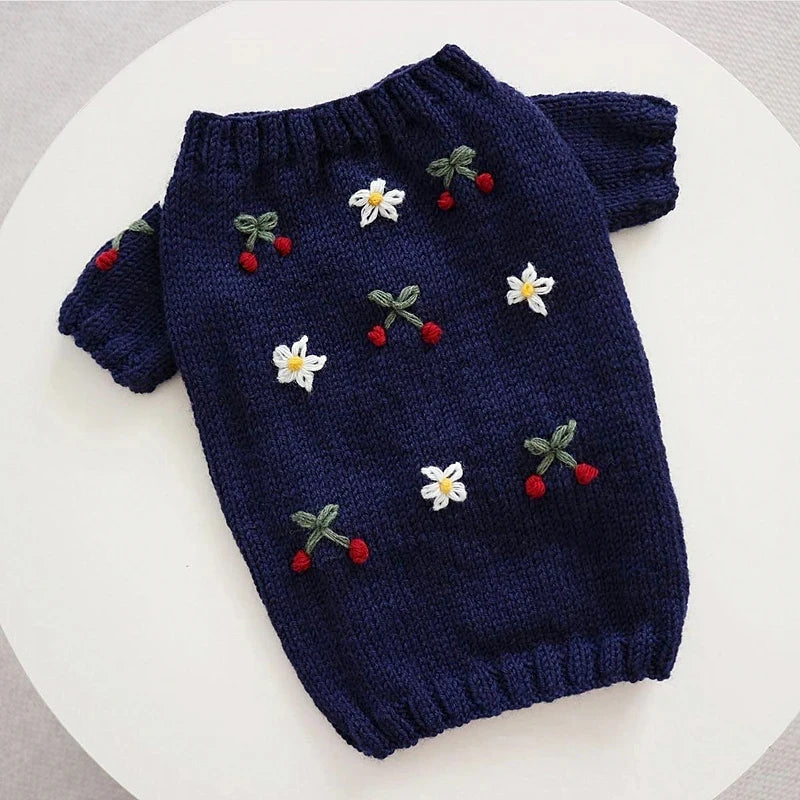 Embroidered Tulips Dog Clothes Pet Knit Sweater Poodle Pullover Puppy Warm Winter Clothes Bichon Christmas Gift