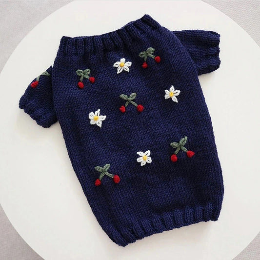 Embroidered Tulips Dog Clothes Pet Knit Sweater Poodle Pullover Puppy Warm Winter Clothes Bichon Christmas Gift
