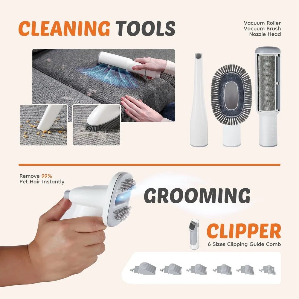 Powerful Pet Grooming Vacuum 10kPa Suction Hair Removal Kit Ultra Quiet 65dB 2.5L Dust Bin 8 Comb Attachments